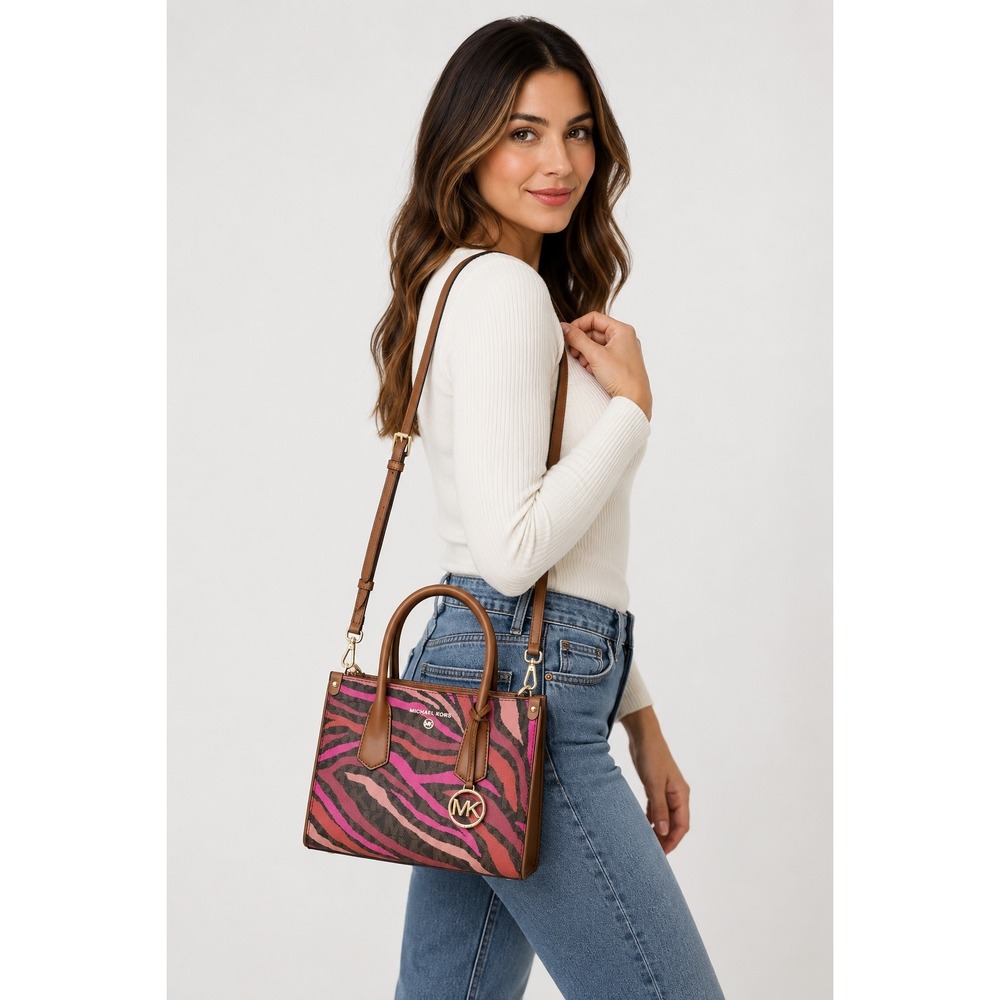 Michael Kors Maple Small Satchel Zebra Print Brown Multi Crossbody Bag Pink - Picture 15 of 15